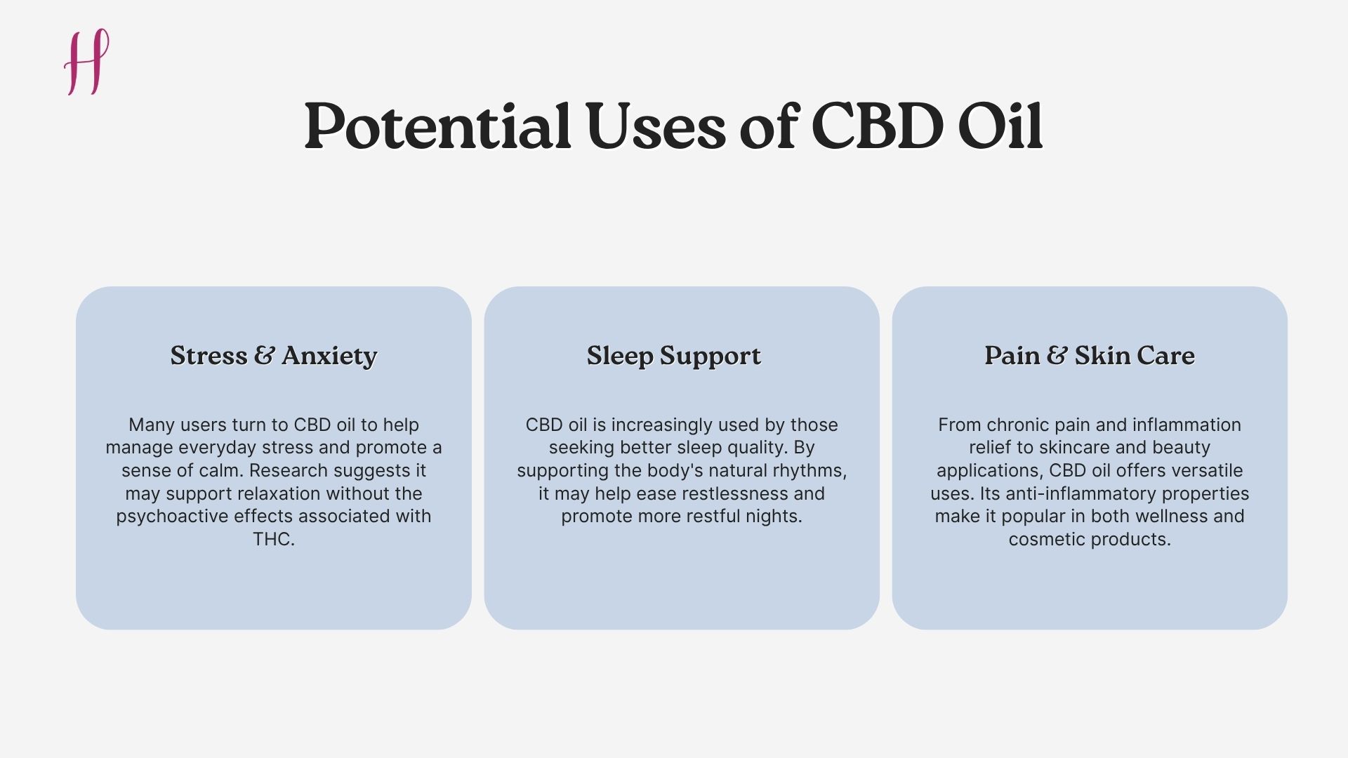 Layout with Stress & Anxiety, Sleep Support, Pain & Skin Care boxes.